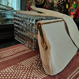 Stunning Vintage White Beaded Bag Satin Evening